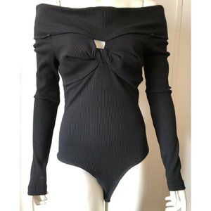Bebe  Black Ribbed Body Suit Off Shoulder Twist